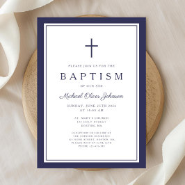 Convites Elegant Navy Blue Cross Boy Baptism