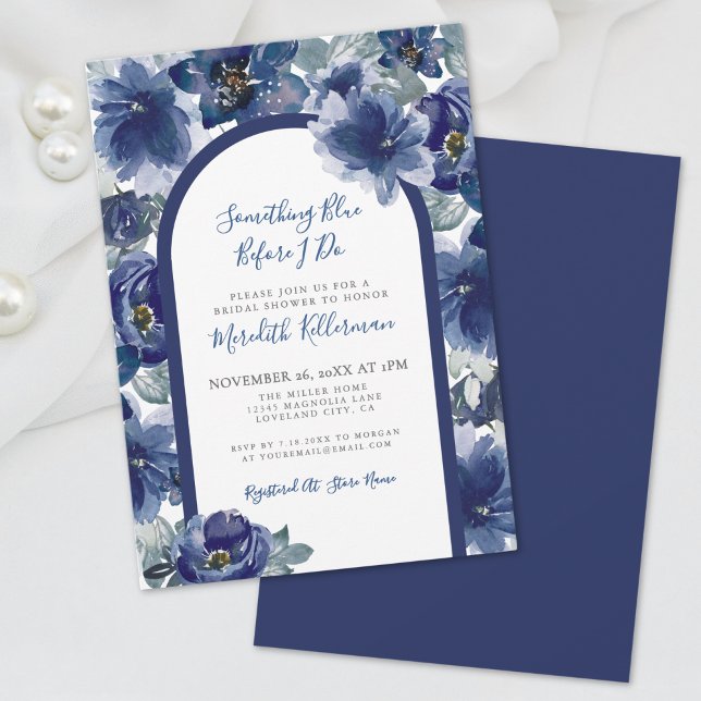 Convites Elegant Navy Blue Floral Bridal Shower (Elegant Watercolor Navy Blue Floral Bridal Shower Invitation)