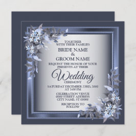 Convites Elegant Navy Blue Floral Framed Silver Wedding