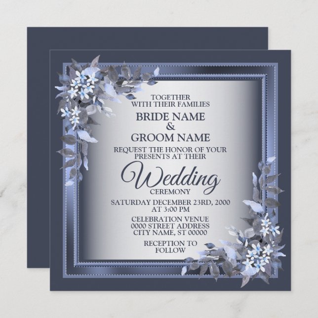 Convites Elegant Navy Blue Floral Framed Silver Wedding (Frente/Verso)