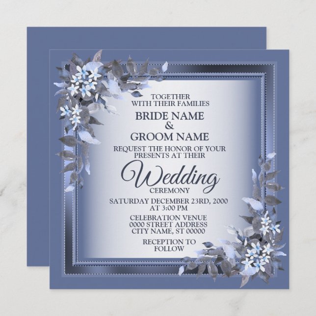 Convites Elegant Navy Blue Floral Framed Silver Wedding (Frente/Verso)