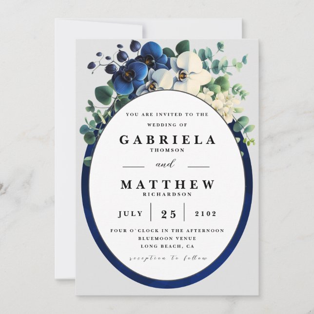Convites Elegant Navy Blue Floral Wedding Invitation | Edit (Frente)