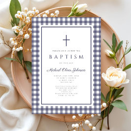 Convites Elegant Navy Blue Gingham Boy Baptism