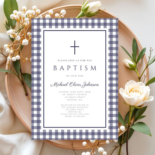 Convites Elegant Navy Blue Gingham Boy Baptism (Elegant Navy Blue Gingham Boy Baptism Invitation)