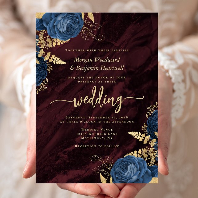 Convites Elegant Navy Blue Gold Floral Burgundy Wedding (Criador carregado)