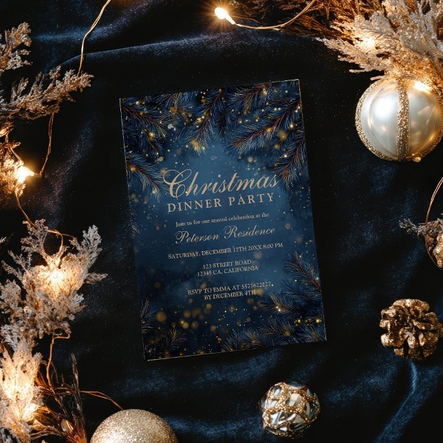 Convites Elegant Navy Blue Gold Lights Pine Party Christmas (Elegant Navy Blue Gold Lights Pine Party Christmas Invitation)