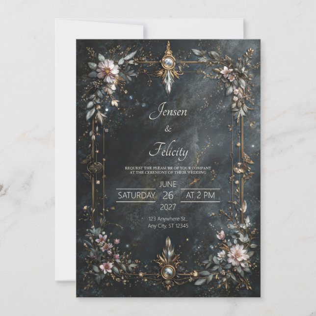 Convites Elegant Navy Blue Gold Pink Floral Night Wedding (Frente)