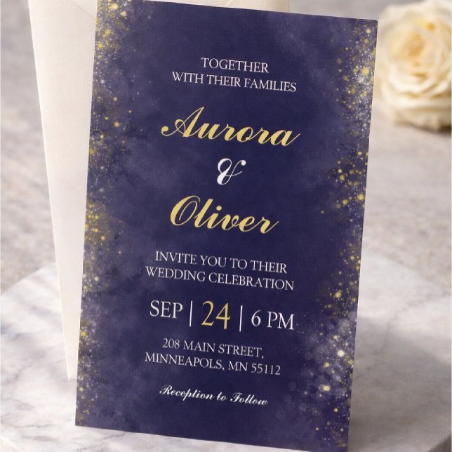 Convites Elegant Navy Blue & Gold Wedding Invitation (Criador carregado)