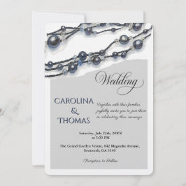 Convites Elegant Navy Blue Pearl Watercolor Modern Wedding