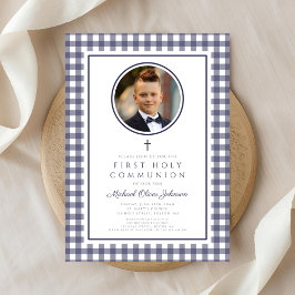Convites Elegant Navy Blue Photo Boy First Communion
