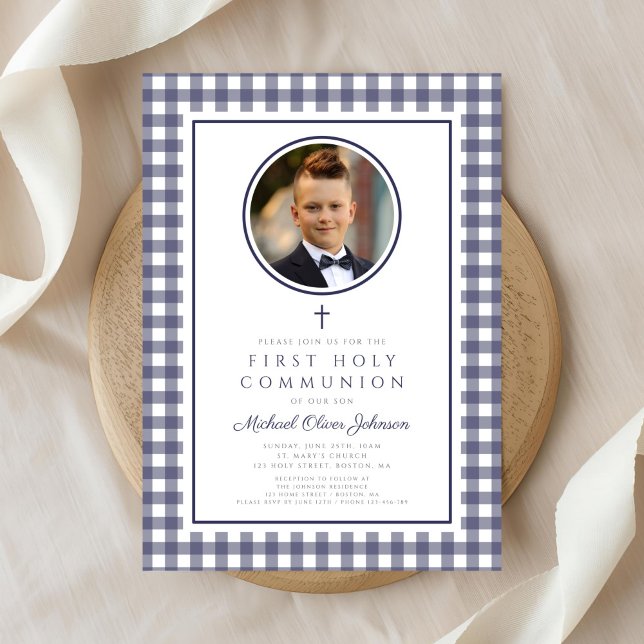 Convites Elegant Navy Blue Photo Boy First Communion (Elegant Navy Blue Photo Boy First Communion Invitation)