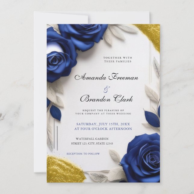 Convites Elegant Navy Blue Roses & Gold Glitter Wedding (Frente)