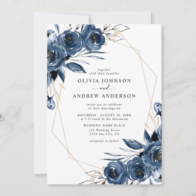 Convites Elegant Navy Blue Silver Geometric Floral Wedding (Frente)