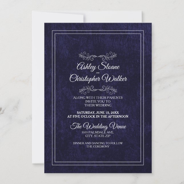 Convites Elegant Navy Blue Velvet White Monogram Wedding (Frente)