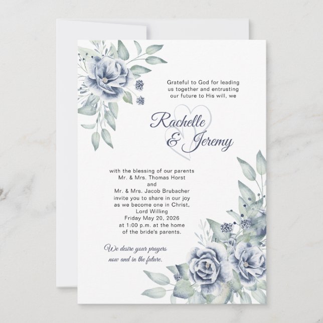 Convites Elegant Navy Blue Watercolor Floral Wedding (Frente)