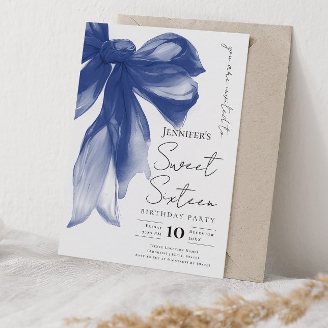 Convites Elegant Navy Bow Coquette Script Sweet 16 Party  (Elegant Navy Bow Coquette Script Sweet 16 Party Invitation)