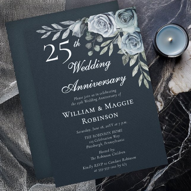 Convites Elegant Navy Floral 25th Wedding Anniversary (Elegant navy floral 25th anniversary invitation with romantic watercolor roses)