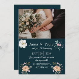 Convites Elegant Navy Floral Photo Wedding Invitation 