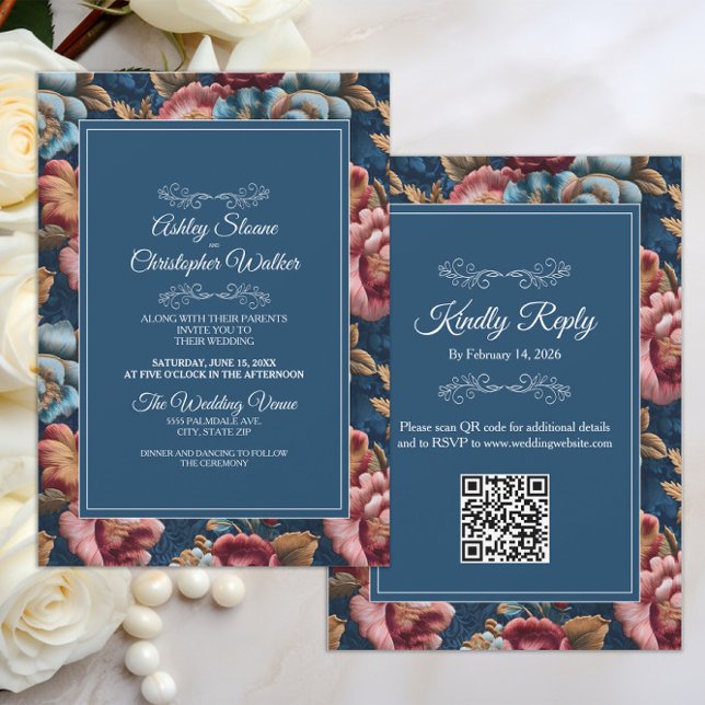 Convites Elegant Navy Floral Teal RSVP QR code Wedding (Teal peach floral velvet wedding invitation/rsvp combo with QR code)