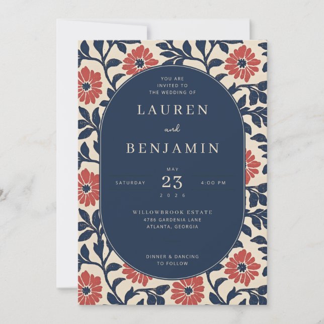 Convites Elegant Navy Floral Wedding Invitation (Frente)