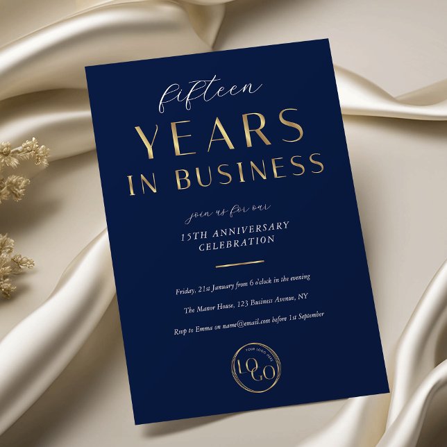 Convites Elegant Navy & Gold Logo Business Anniversary (Criador carregado)