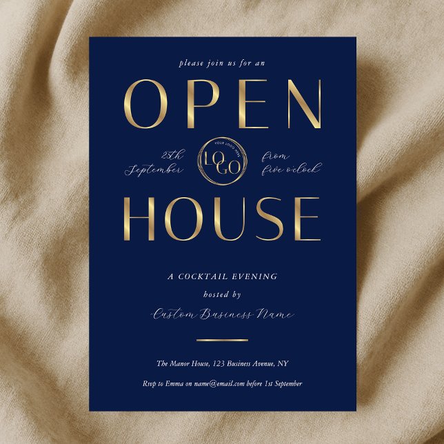 Convites Elegant Navy & Gold Logo Business Open House (Criador carregado)