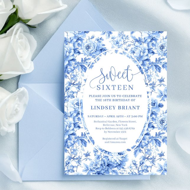 Convites Elegant Navy Roses Digital 16th Birthday Invite (Elegant Navy Roses Digital 16th Birthday Invite)