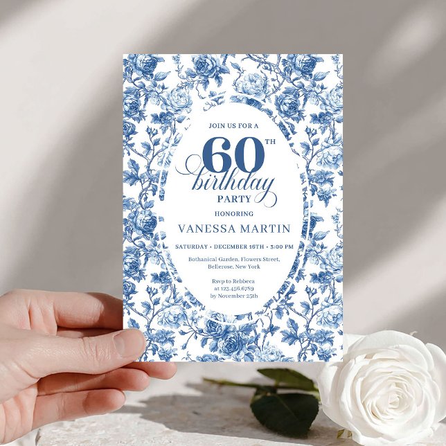 Convites Elegant Navy Roses French Toile 60th Birthday (This digital 60th birthday invitation is the perfect blend of timeless style and modern convenience.)