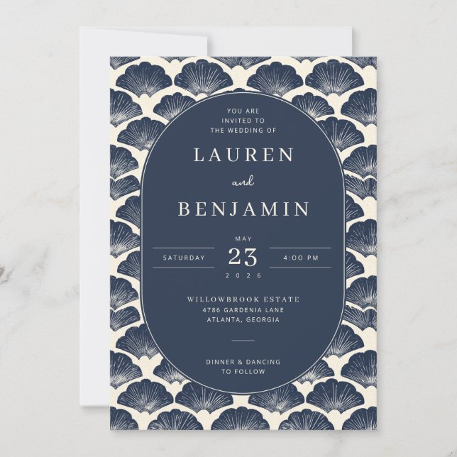 Convites Elegant Navy Seashell Wedding Invitation (Frente)