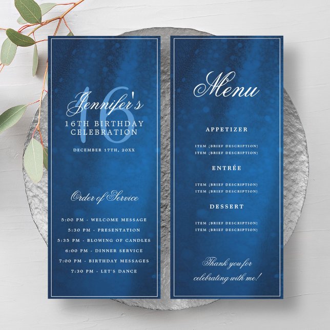 Convites Elegant Navy Sparkle 16th Birthday Program Menu (Elegant Navy Sparkle 16th Birthday Program Menu)