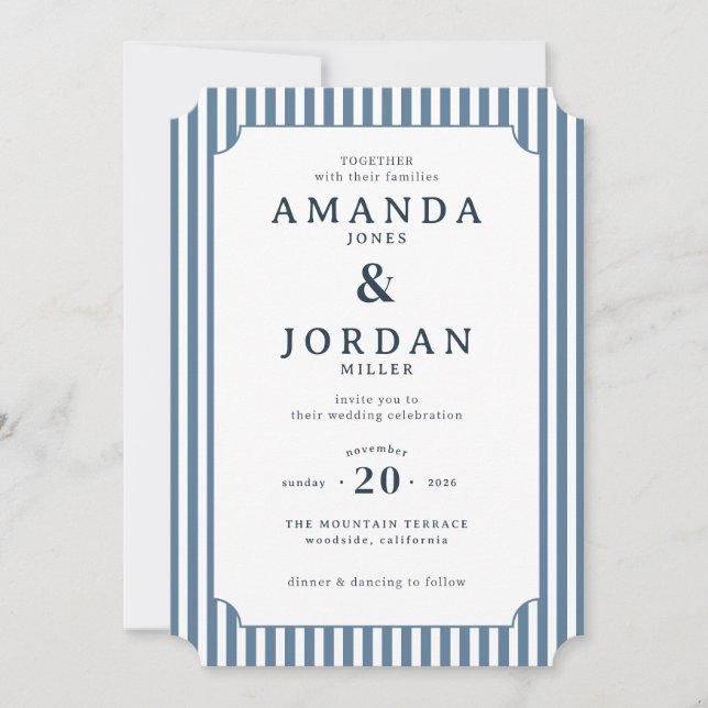 Convites Elegant Navy Striped Wedding Invitation (Frente)