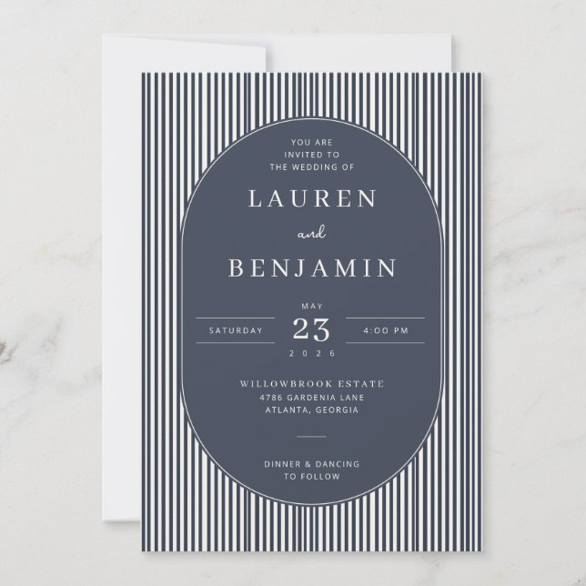 Convites Elegant Navy Striped Wedding Invitation (Frente)