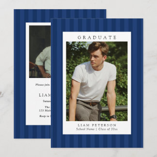 Convites Elegant Navy Stripes 2 Photo Graduation Party