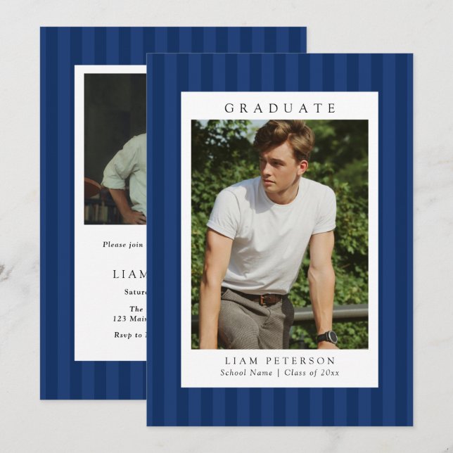 Convites Elegant Navy Stripes 2 Photo Graduation Party (Frente/Verso)