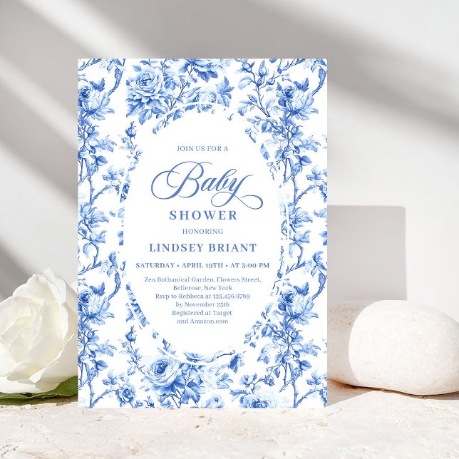 Convites Elegant Navy Toile de Jouy Rose Baby Shower Invite (Luxury Navy Blue Toile Rose Baby Shower Invitation)