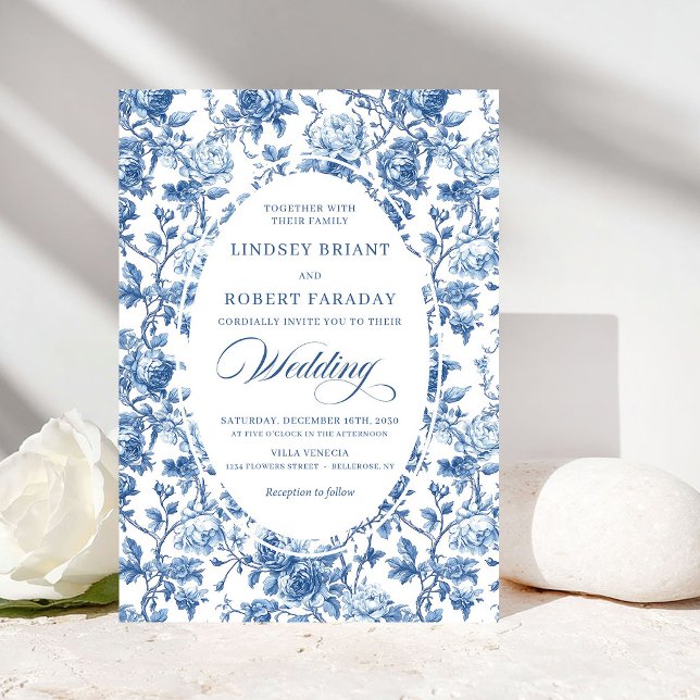 Convites Elegant Navy Toile de Jouy Rose Floral Wedding  (Elegant Navy Toile de Jouy Rose Floral Wedding Invitation)