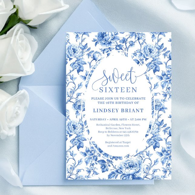 Convites Elegant navy toile roses digital birthday invite  (Elegant navy toile roses digital birthday invite sweet sixteen

)