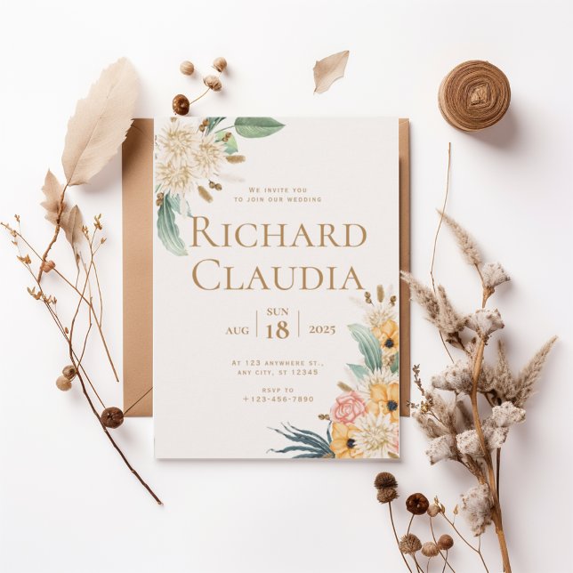 Convites Elegant Neutral Floral Wedding Invitation (Criador carregado)