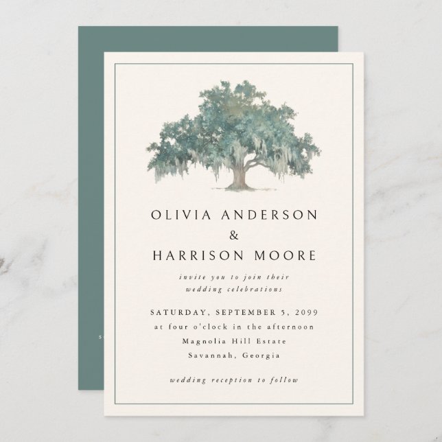 Convites Elegant Oak Tree Green QR Code Southern Wedding (Frente/Verso)