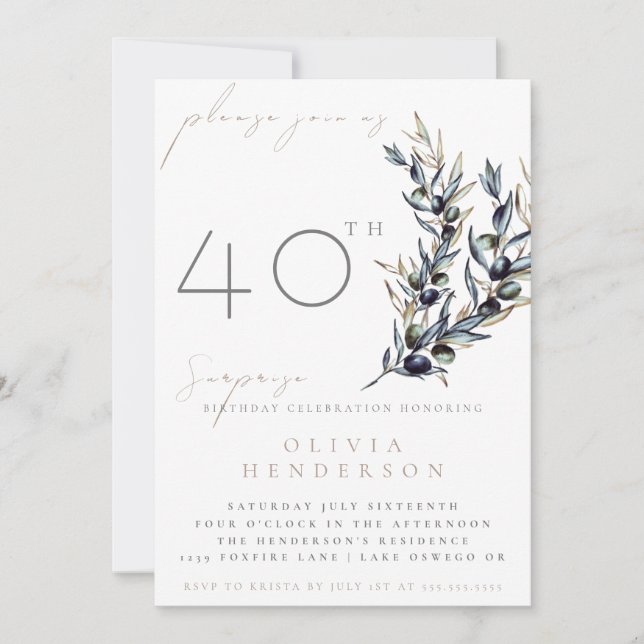 Convites Elegant Olive Branch Surprise Birthday Invitation (Frente)