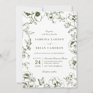 Convites Elegant Olive Green Floral Garden Wedding Photo