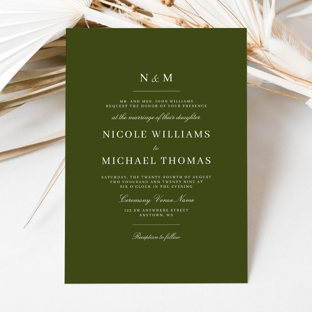 Convites Elegant Olive Green Monogram Classic Wedding (Criador carregado)