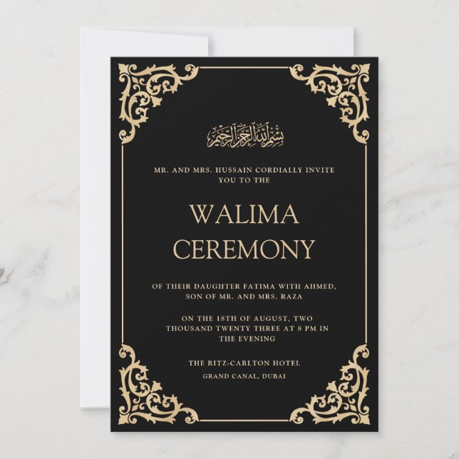 Convites Elegant Ornate Black Gold Frame Walima Ceremony (Frente)