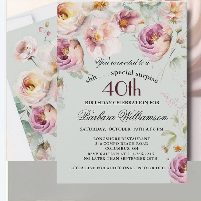 Convites Elegant Painted Floral Surprise 40th Birthday  (Criador carregado)