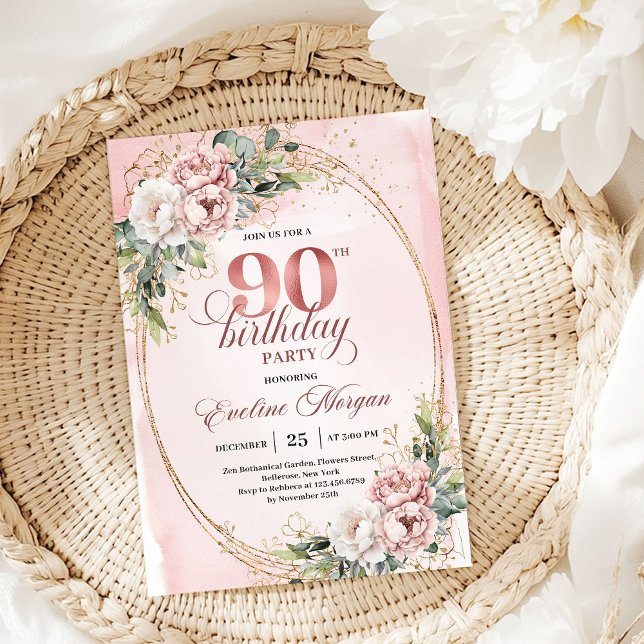 Convites Elegant Pale Pink Gold Eucalyptus 90th Birthday  (Elegant Pale Pink Gold Eucalyptus 90th Birthday Invite)