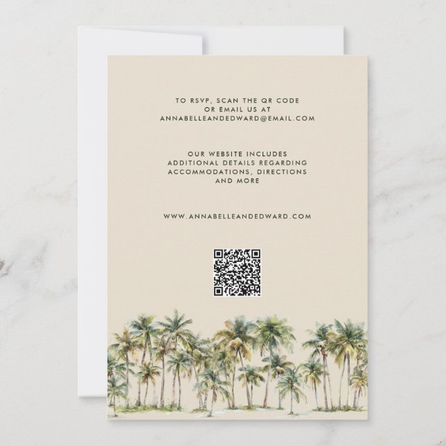 Convites Elegant Palm Tree Wedding Invitation with QR Code (Verso)
