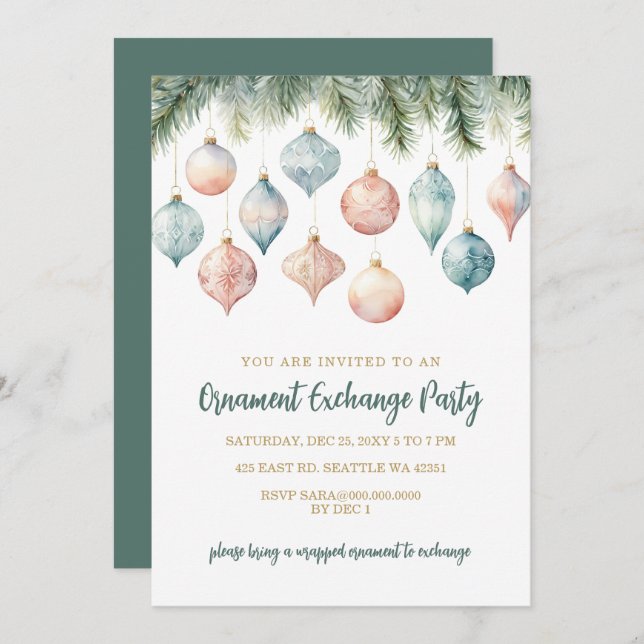 Convites Elegant Pastel Ornament Exchange Christmas Party (Frente/Verso)