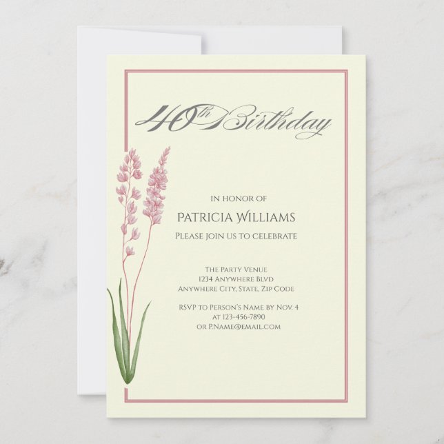 Convites Elegant Pastel Wildflower Woman''s 40th Birthday (Frente)