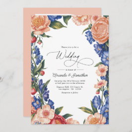 Convites Elegant Peach and Blue Floral Wedding QR Code