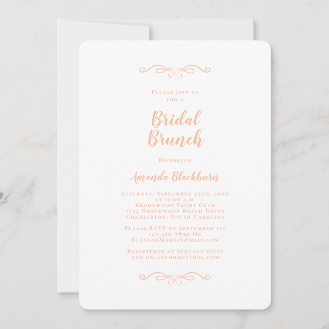 Convites Elegant Peach Calligraphy Bridal Brunch  (Frente)